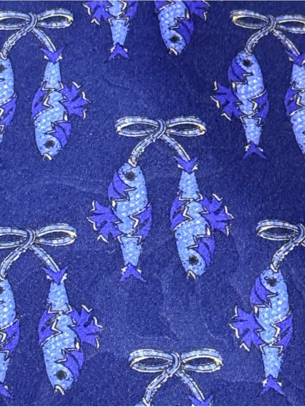 Lanvin Paris Vintage Silk Tie Navy Novelty Fish Print Made in France 80s - Picture 2 of 6